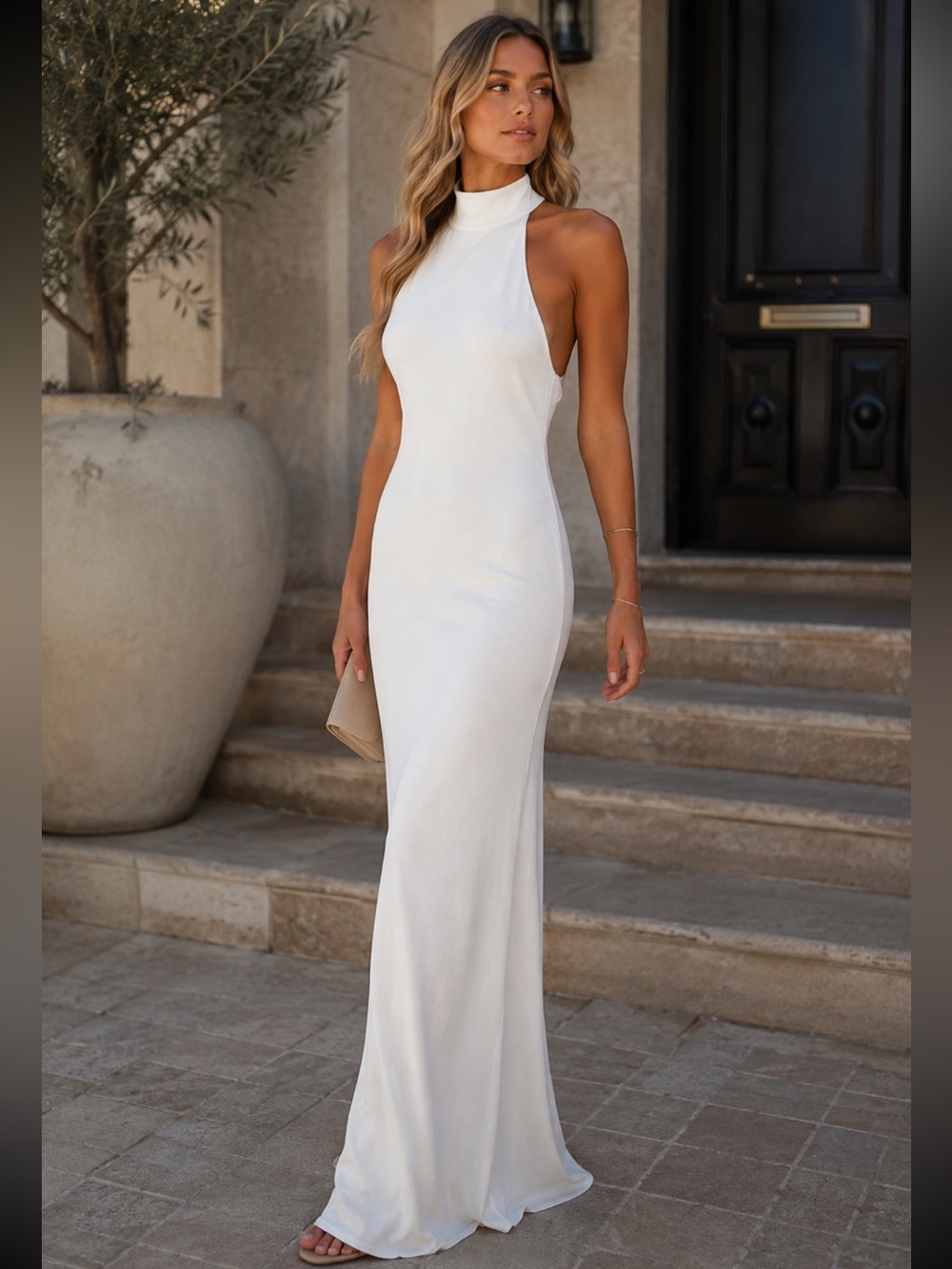 Fashion Nova White Halter Neck Maxi Gown Bridal Wedding Dress XS Bridal